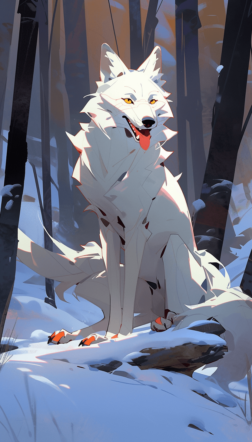 AI generated: Wolf, white wolf, in forest setting, snowy forest, concept art, anime, 2D, painting, portrait, full ...