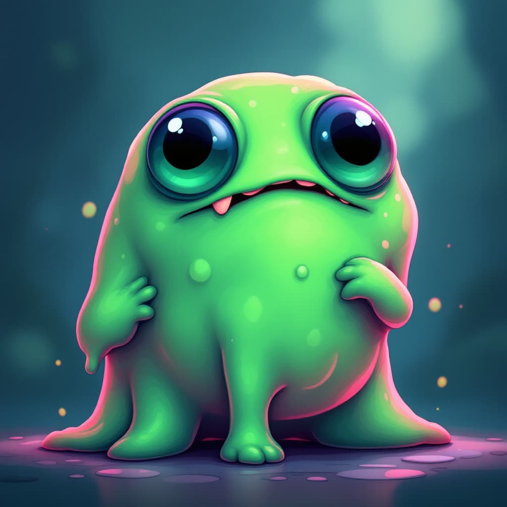 AI generated: Chubby slime monster, gooey and wobbly body, big round eyes, funny and goofy expression, chibi style...