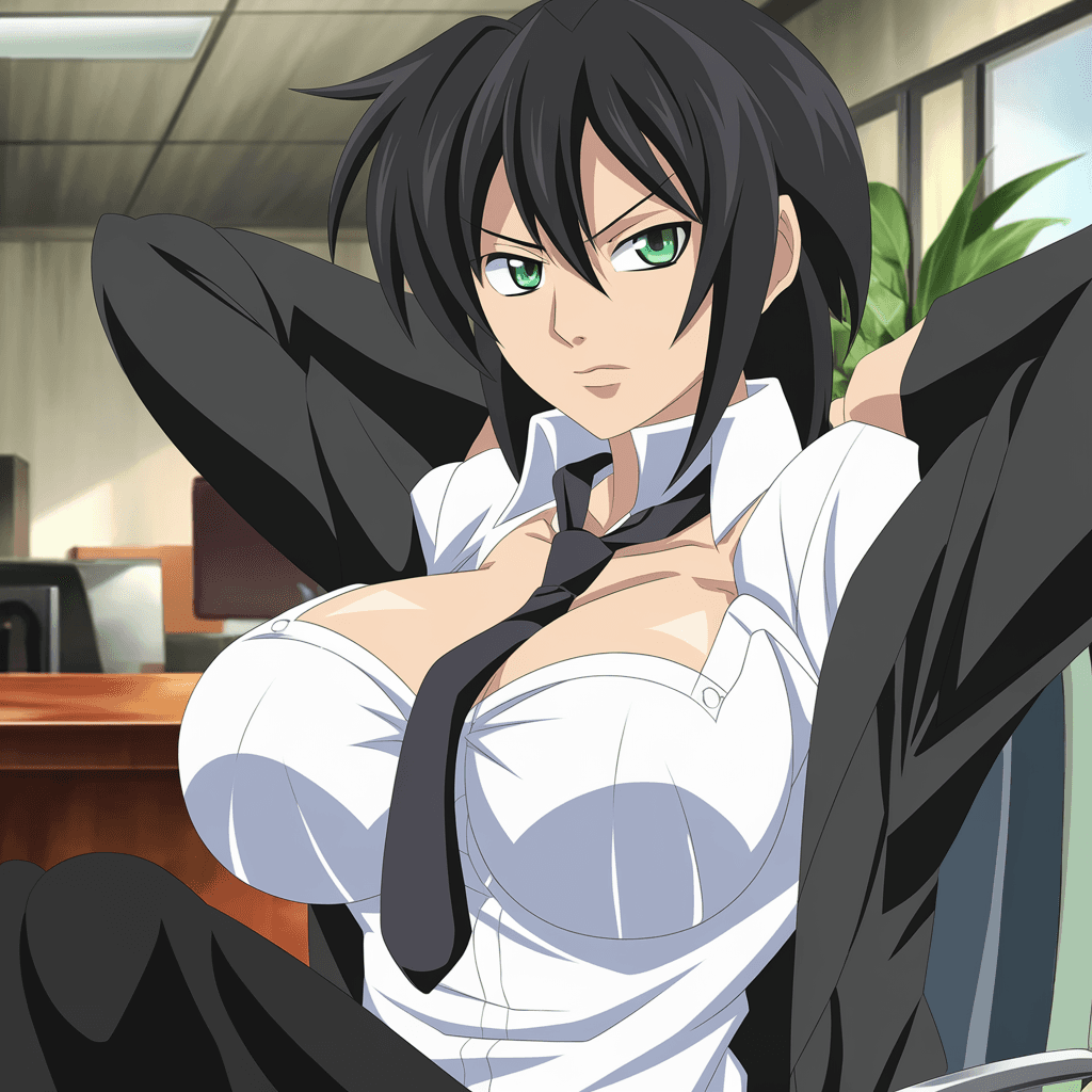 AI generated: anime, woman, black hair, long hair, green eyes, black glasses, red lips, white shirt, black tie, bl...