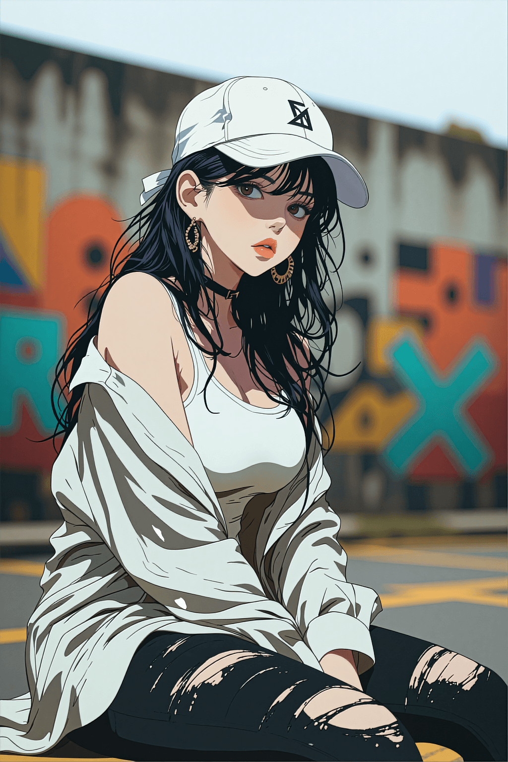 AI generated: A vertical semi-realistic anime portrait of a stylish young woman sitting against a plain white back...