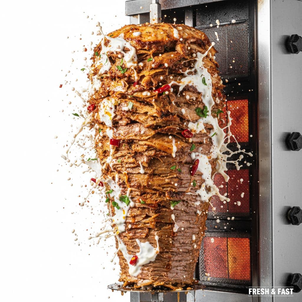 AI generated: Commercial photography, massive splash kebab, white lighting, studio light, 8k octane rendering, hig...