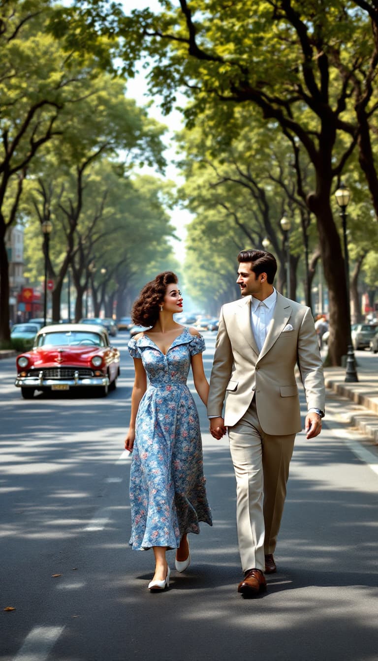 AI generated: 
"A young couple from the 1950s walking along the wide, asphalted Vali Asr Street in Tehran. The str...
