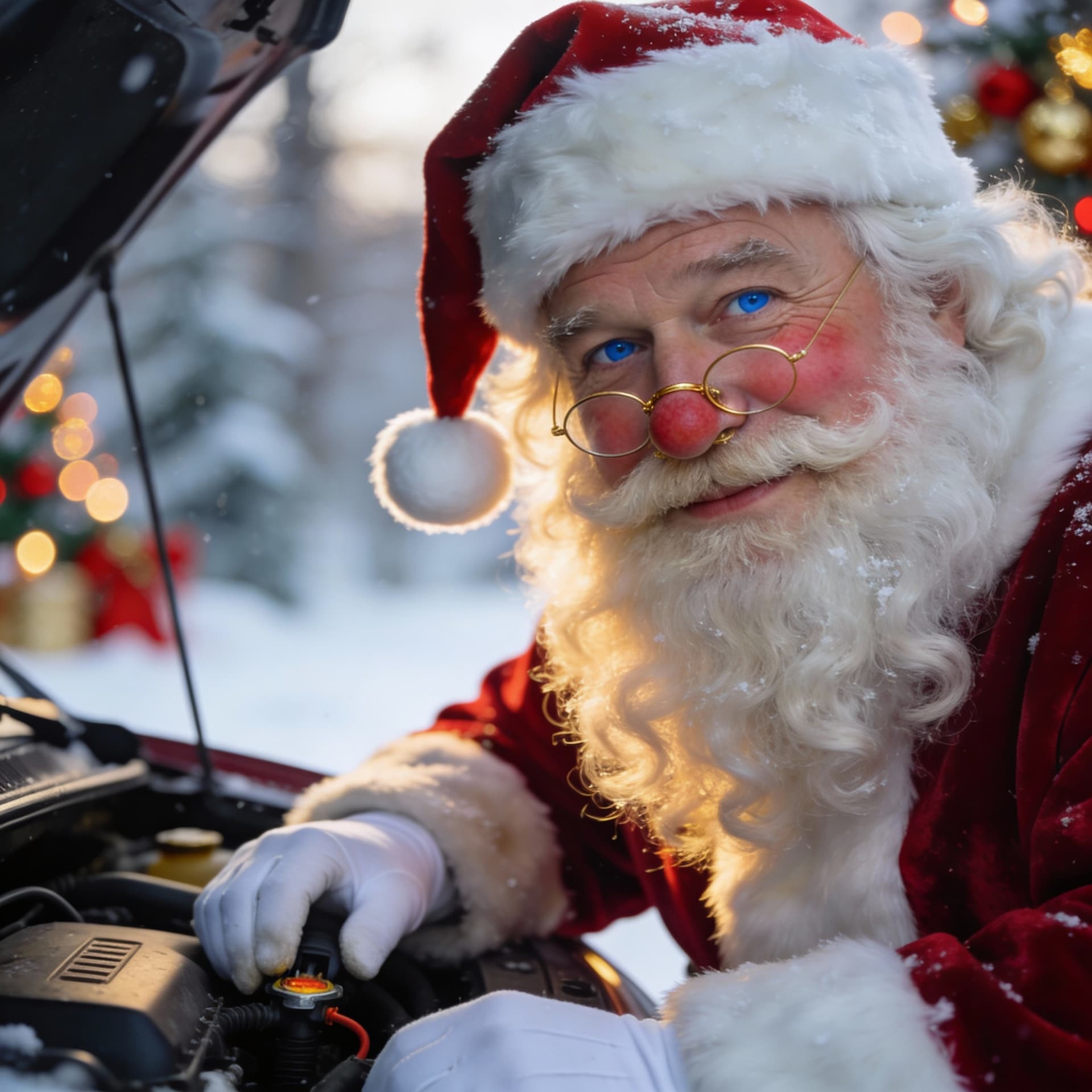 AI generated: A warm yet realistic Santa Claus character outdoors in cold winter weather, his own car has failed t...