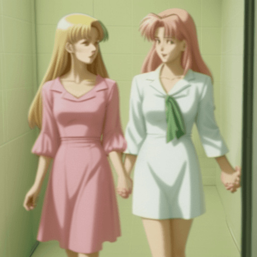 AI generated: 1990s, faded anime screenshot, two women holding hands, in a public bathroom, one with green long ha...