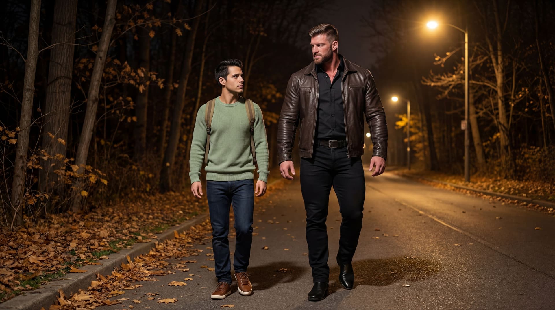 AI generated: At an Autumn night, on the street, next to a wooden area. The bodybuilder and the Hispanic guy are w...