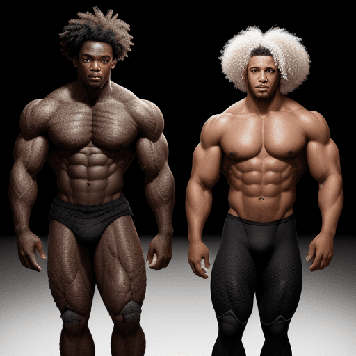 AI generated: A black shredded man next to a white tall curly hair strong man