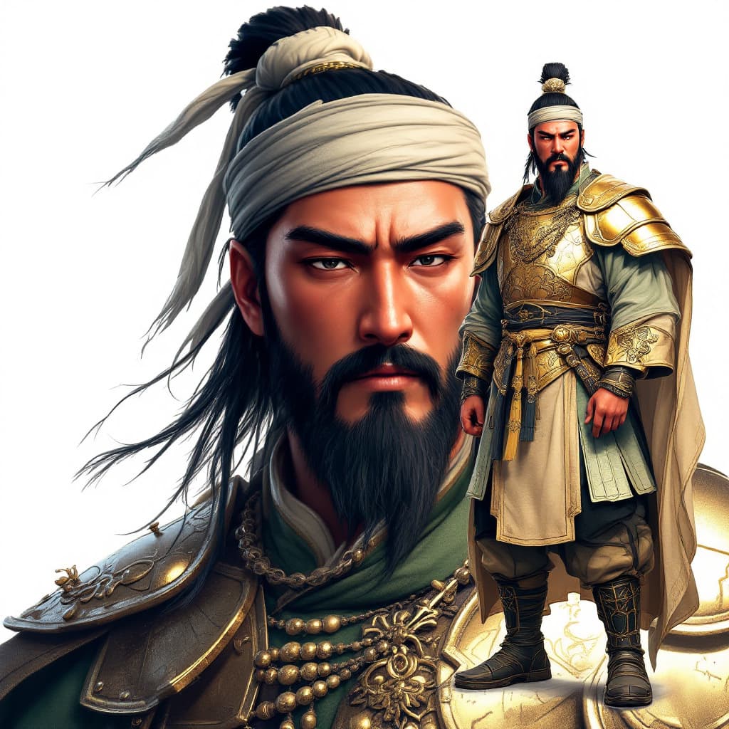 AI generated: Characters from the Romance of the Three Kingdoms in Ancient China: Guan Yu
 Young face.
Wearing a g...