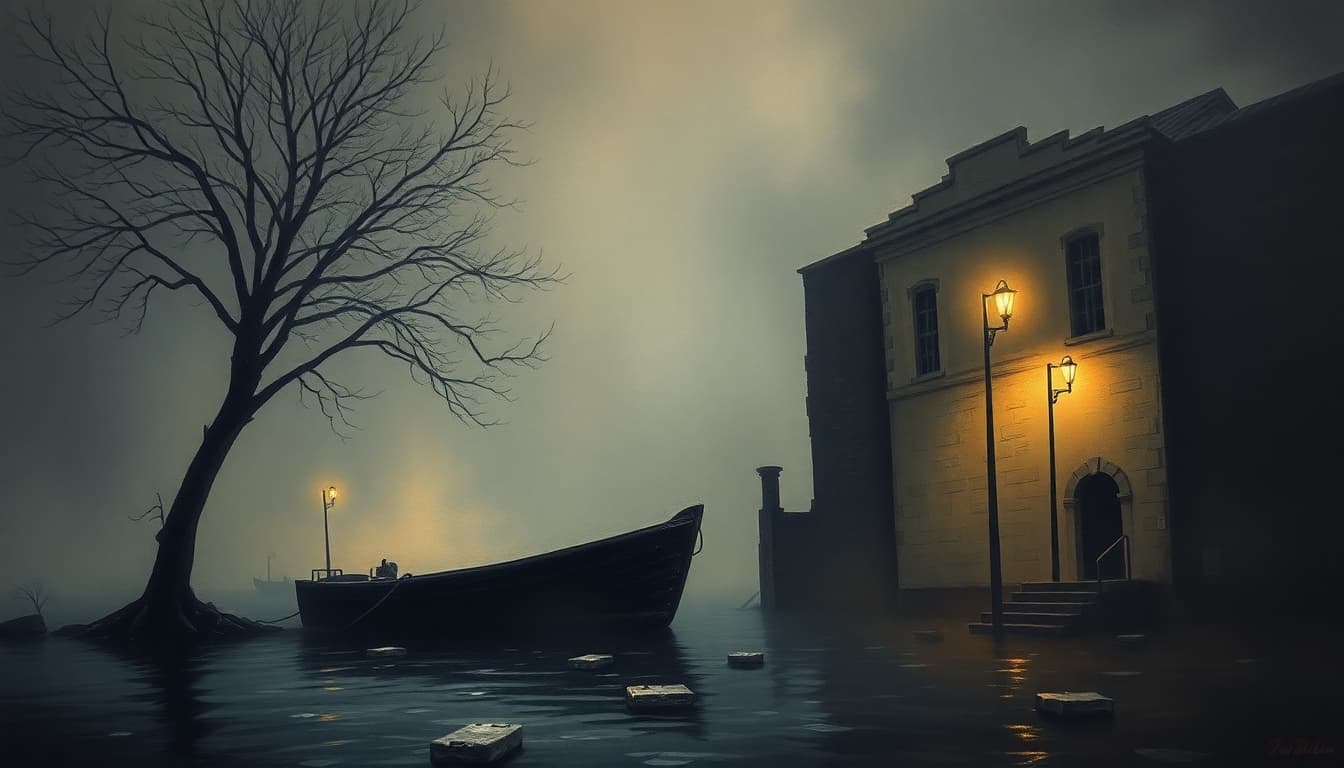 AI generated: A spooky, eerie scene from a low angle, featuring a derelict building on the right, obscured by fog,...