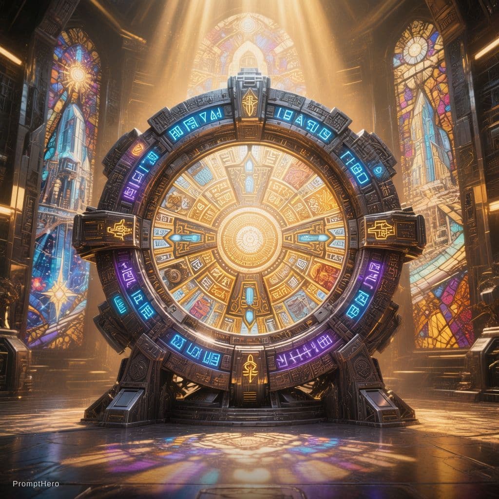 AI generated: A large, circular sci-fi portal ring embedded with glowing glyphs in blue and ancient symbols, stand...