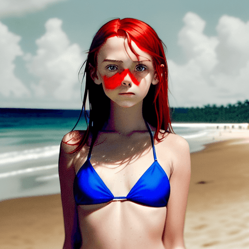 AI generated: An image of a poised 13 year old girl with mid-length red hair, standing with a slight lean to her r...