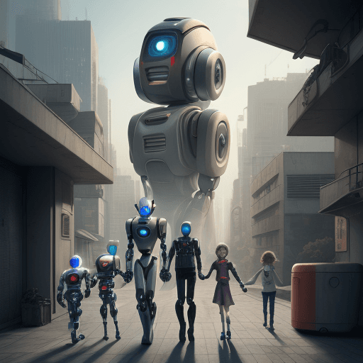 AI generated: a young urban family and their robot exploring a futuristic city