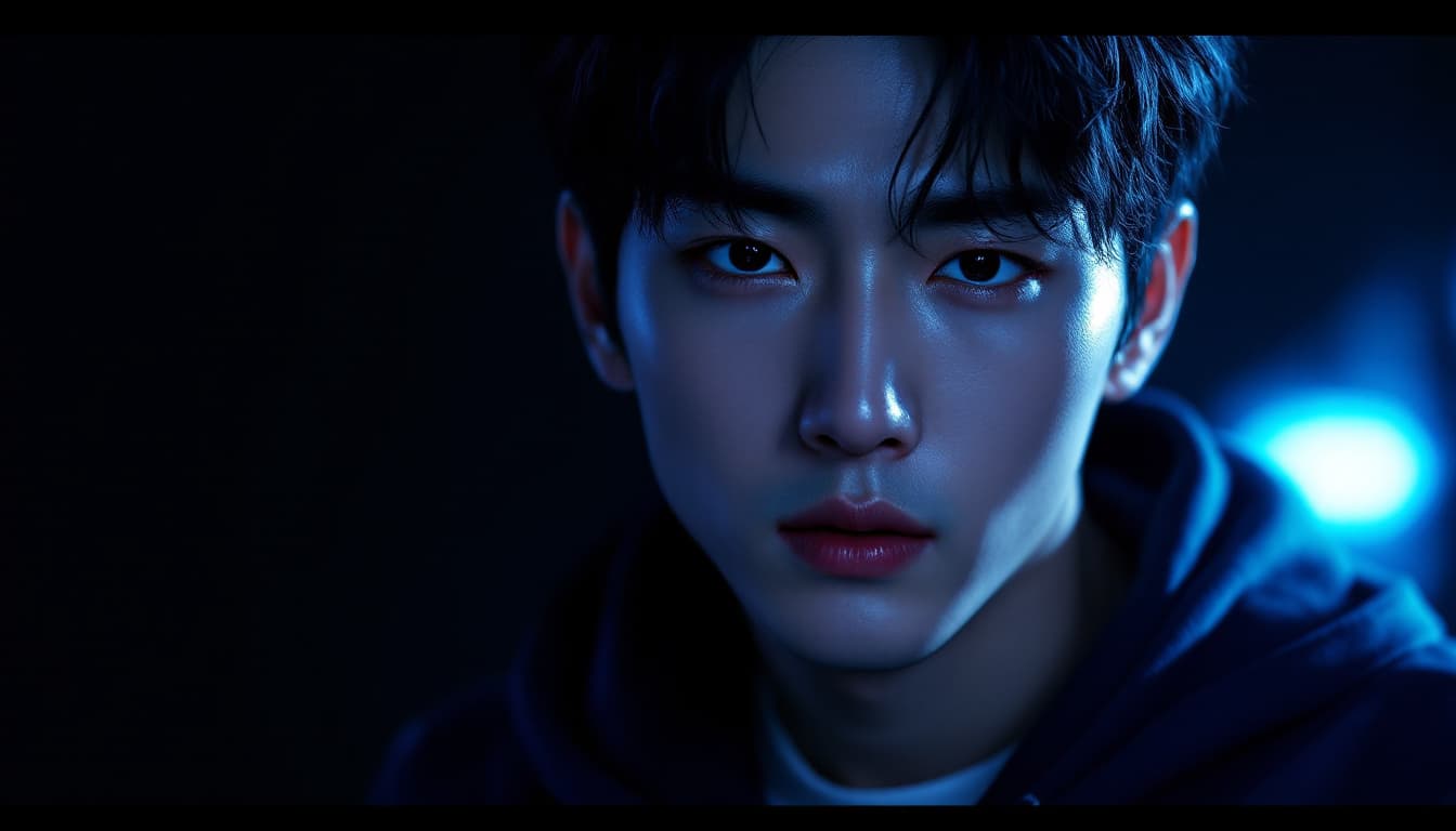 AI generated: A photo-realistic portrait of Sung Jin-Woo from Solo Leveling, looking intensely at the viewer with ...