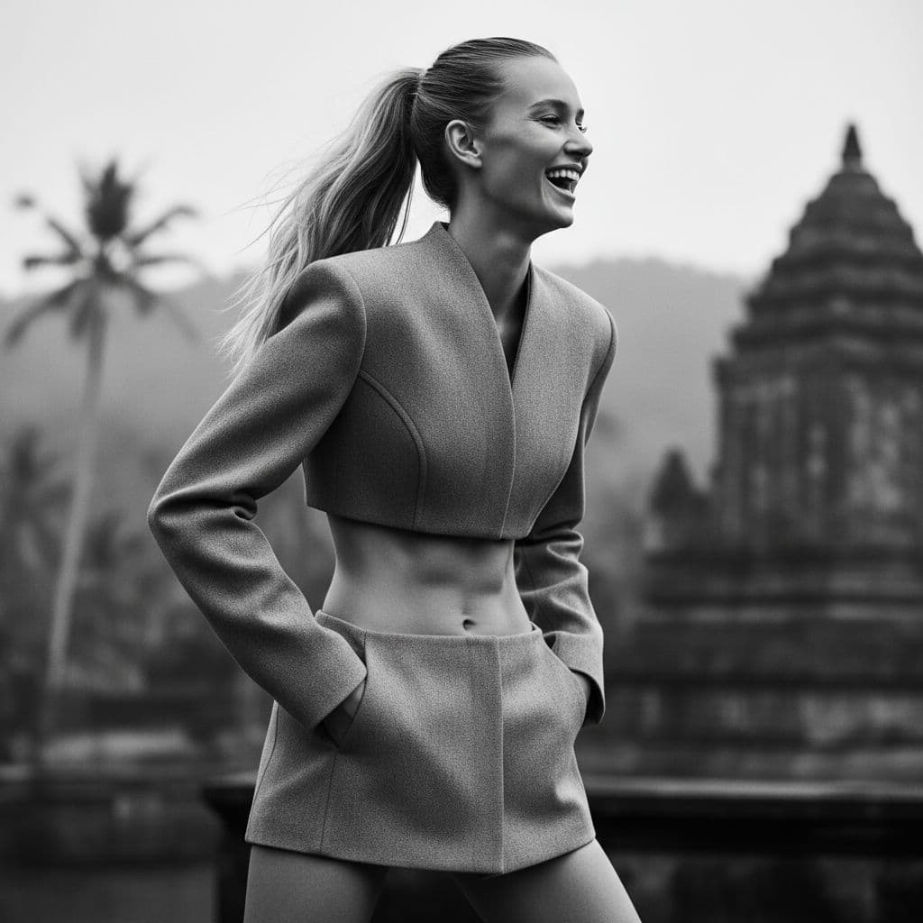 AI generated: Brutalist high Fashion waist up photo of a 20-year-old with extreme blond long hair Slim female with...
