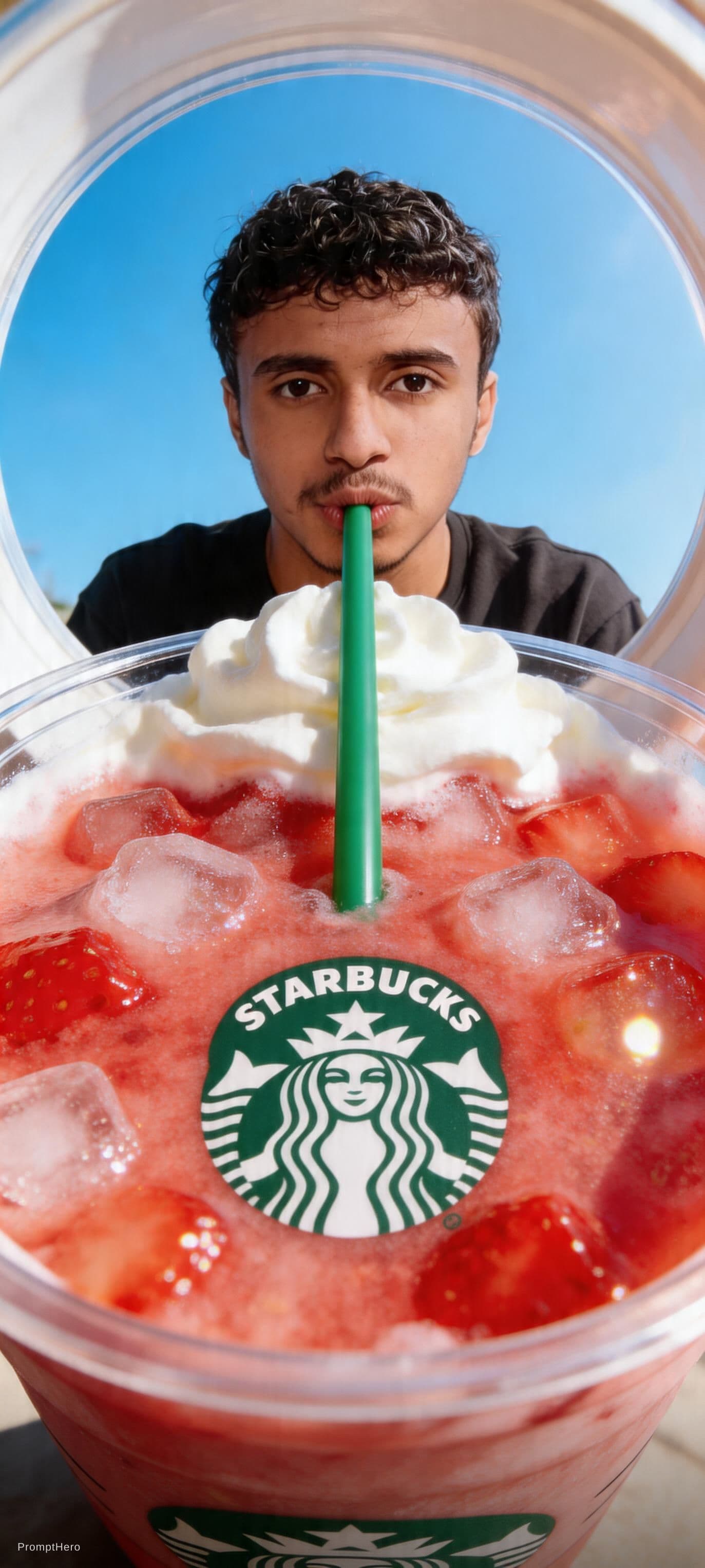 AI generated: {
  "prompt": "View from inside a Starbucks strawberry frappuccino cup looking up, fisheye lens extr...