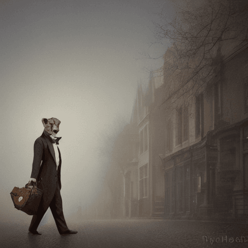 AI generated: a full body portrait of an anthropomorphic cheetah dressed as an English gentleman walking alone on ...