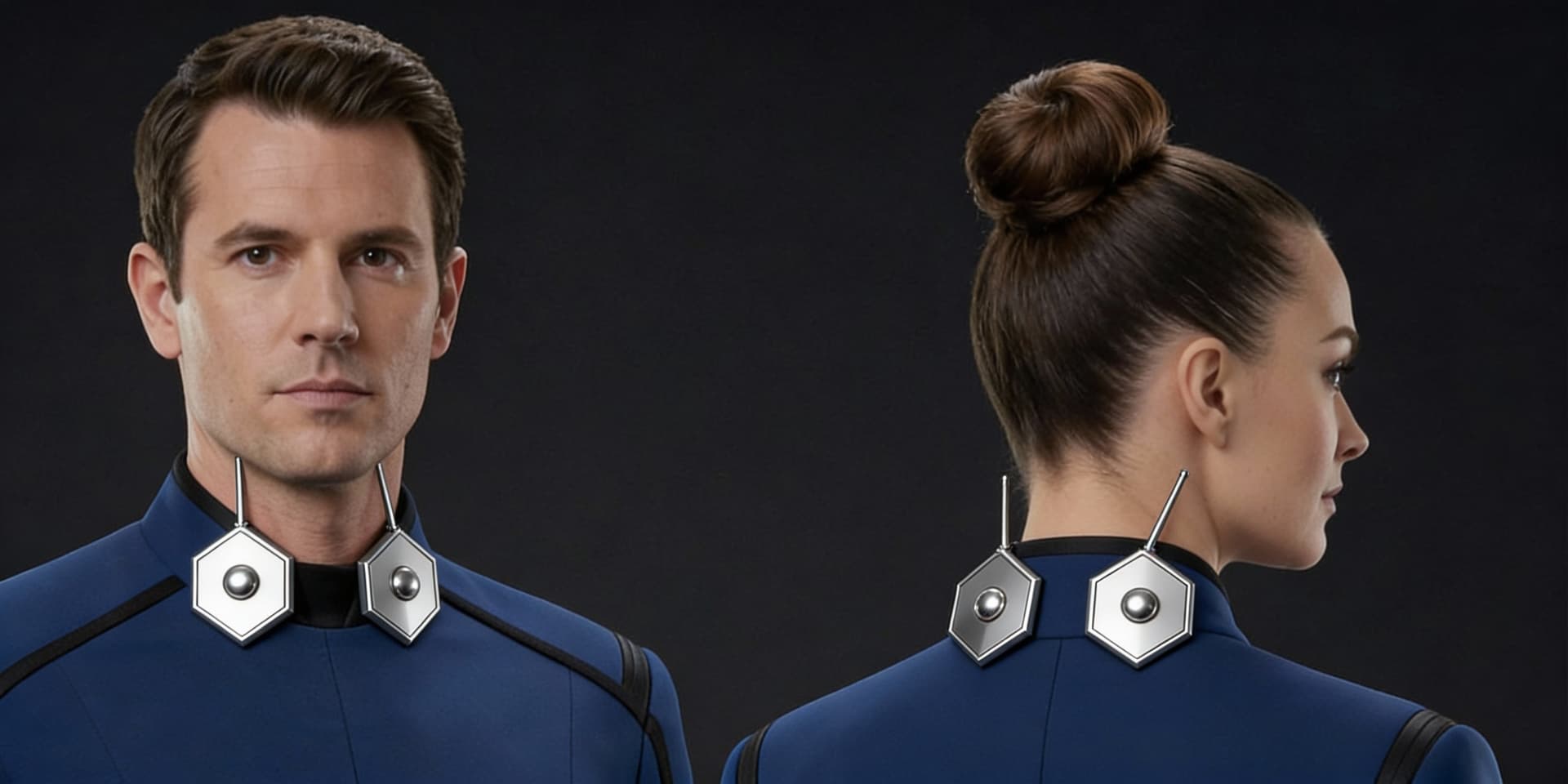AI generated: Create a Sci-Fi uniform ranking. Use the reference image 1, and add the rank insignia, Reference ima...
