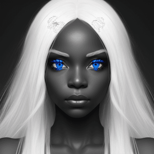 AI generated: create a black-and-white image of a black woman with blue eyes and long white hair