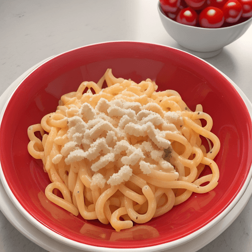 AI generated: Hyper realistic Macaroni spaguetti with brie cheese and cherry tomatoes, daylight