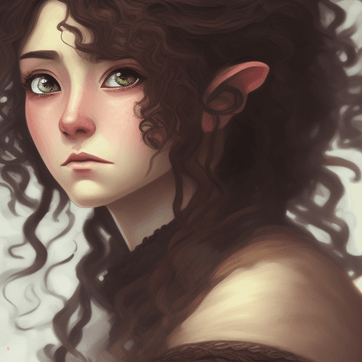 AI generated: A fantasy Anime style painting wide portrait of female hobbit art character with curly brown messy h...