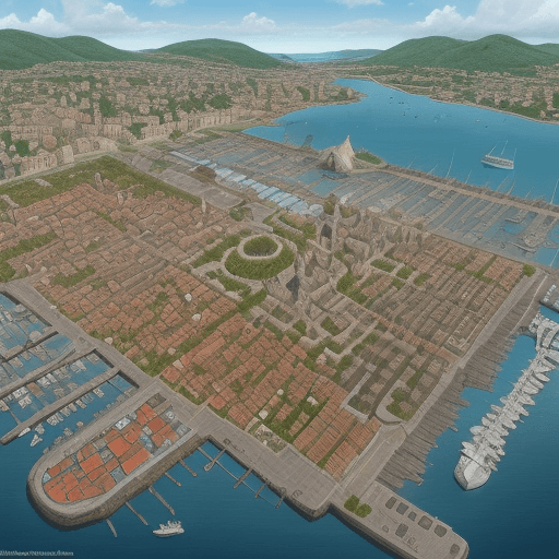 AI generated: large port city that include buildings, common town looks, including the harbor district, the old to...