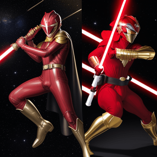 AI generated:  RED SPANDEX SUIT, WITH GOLD GLOVES AND BOOTS , wearing a RED ranger helmet HOLDING a lightsaber vs ...