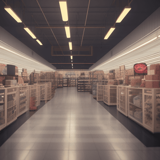 AI generated: huge dimly lit, retail store, liminal, nostalgic, 8k, octane render