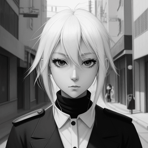AI generated: no color, perfect anime illustration, close portrait of a police girl walking in city, {{{{{{black a...