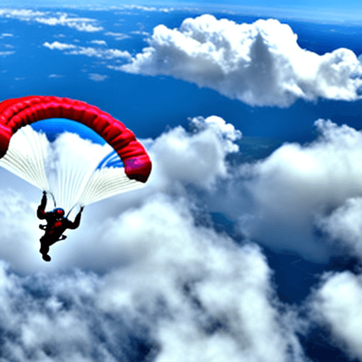 AI generated: Skydiver with parachute, falling through the clouds