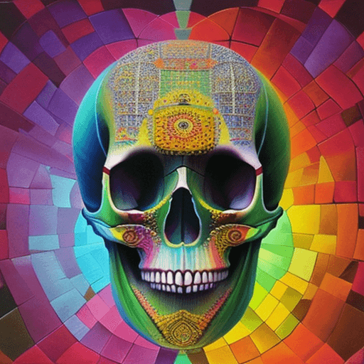 AI generated: Skull oil painting by Okuda San Miguel, Rainbow geometric architectures blend with organic shapes, P...