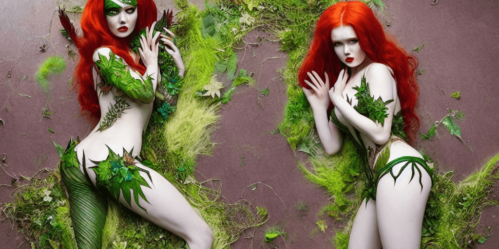 AI generated: ultra detailed photo shot of a woman (Jia Lissa) dressed as Poison Ivy, with wings made of ((grassy-...
