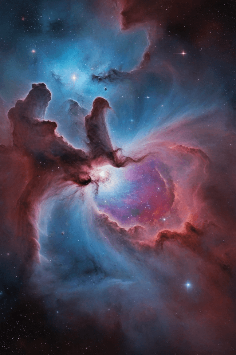 AI generated: Stunning nebula in space, dynamic colors, reds and blues, stars in background, hyper realistic