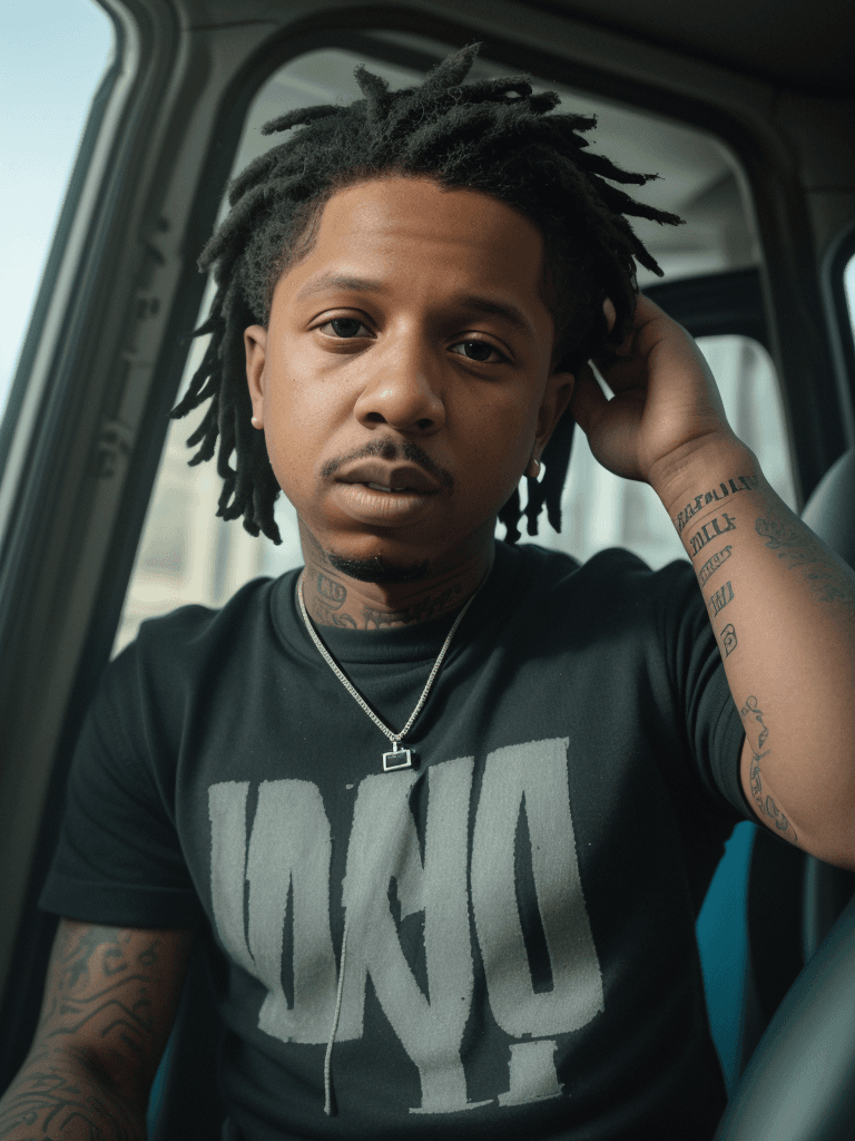 AI generated: portrait of Lil Durk doing a shootout from inside of a van, ultra realistic, 8k full HD, low angle, ...