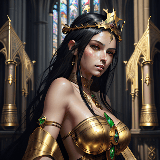 AI generated: realistic, fantasy, empress, 4k fantasy art, black haired woman with green eyes, tanned, with a gold...