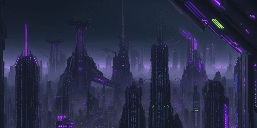 AI generated: city view, sci-fi, cyberpunk, extremely futuristic, violet, dark, hyper-intricate, hyper detailed, h...