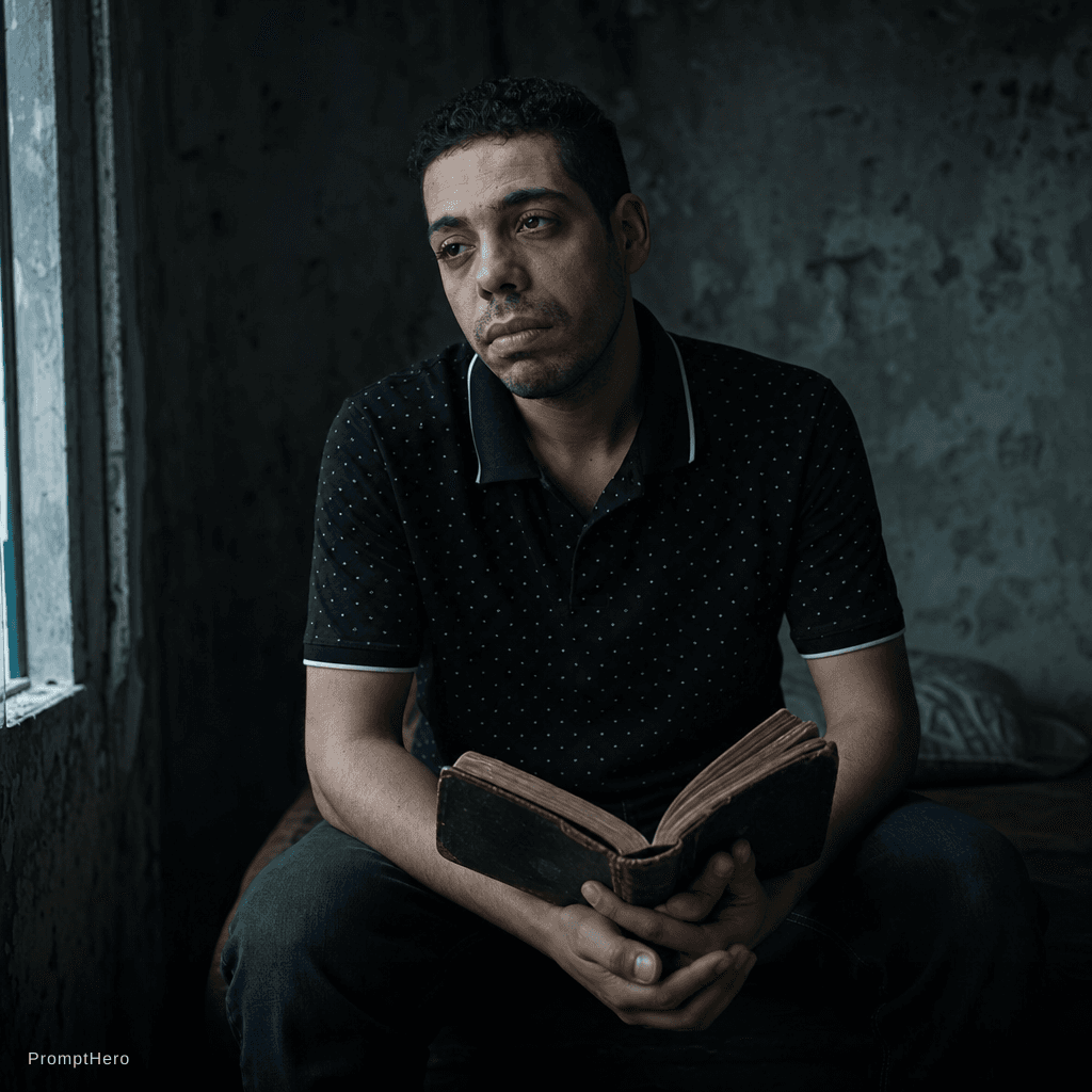 AI generated: A hyper-realistic cinematic portrait of a depressed man sitting alone in a dimly lit, cold room. He ...