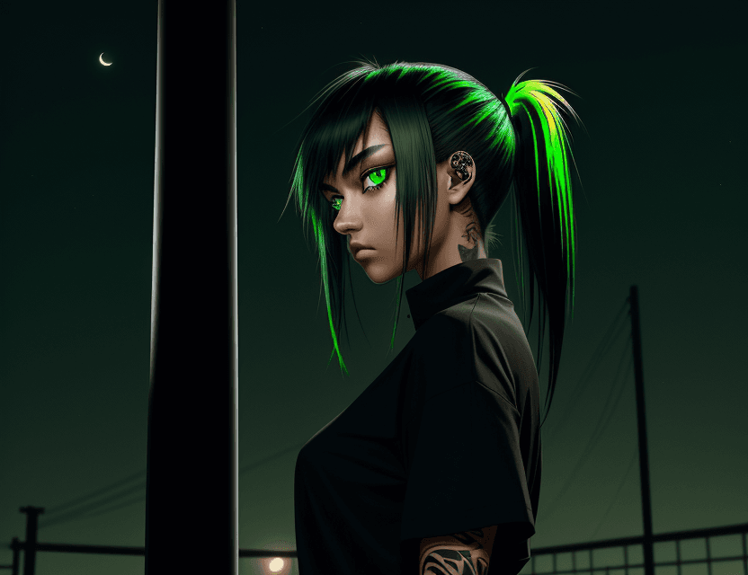 AI generated: side view emo beautiful tan skin girl. 18. green eye iris. black shirt. green highlights on black ha...