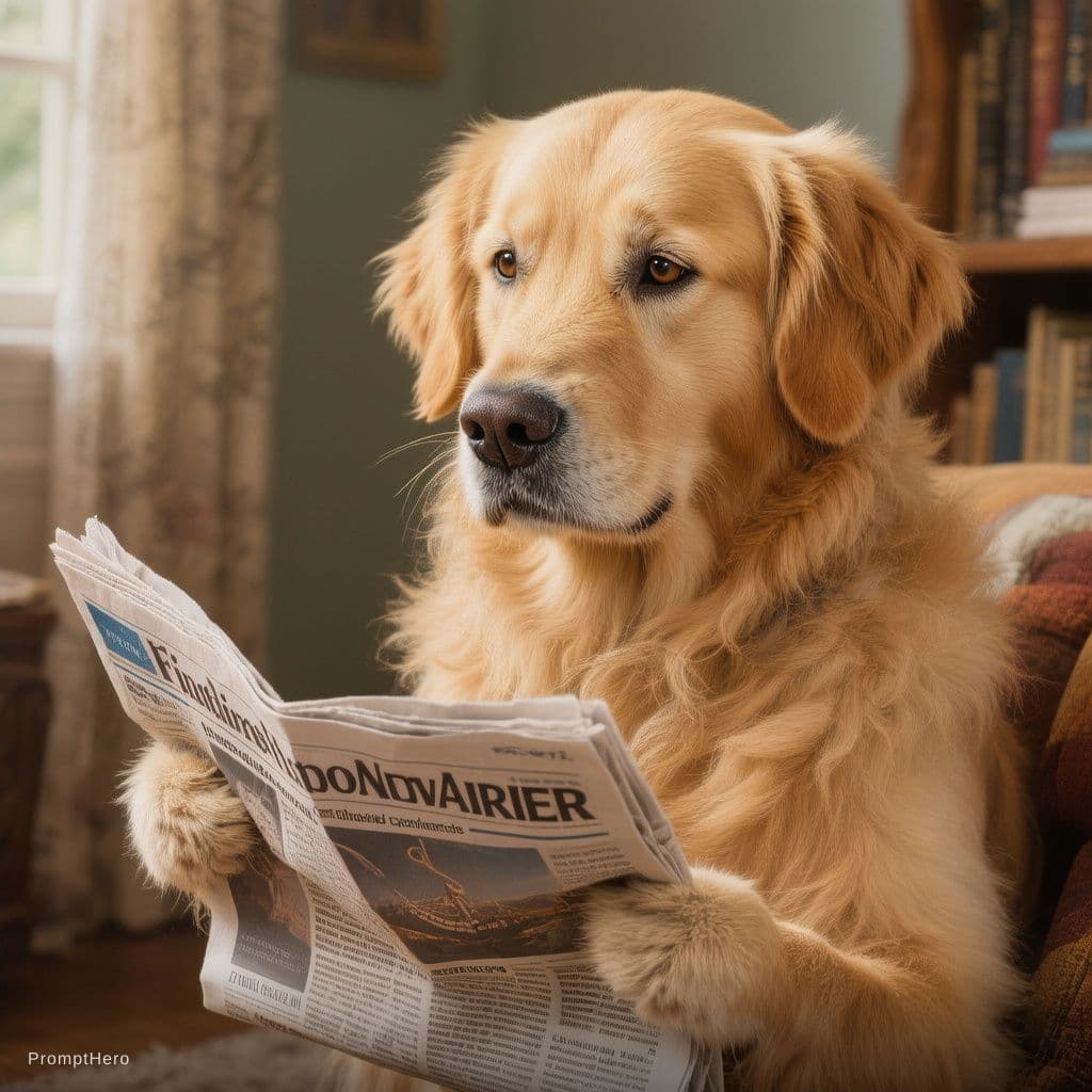 AI generated:  A golden retriever reading the newspaper