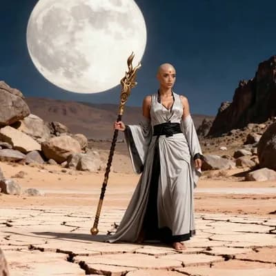 AI generated video: the woman  walks across a stony desert, (the floor is cracked). with a huge moon in the sky. The cam...
