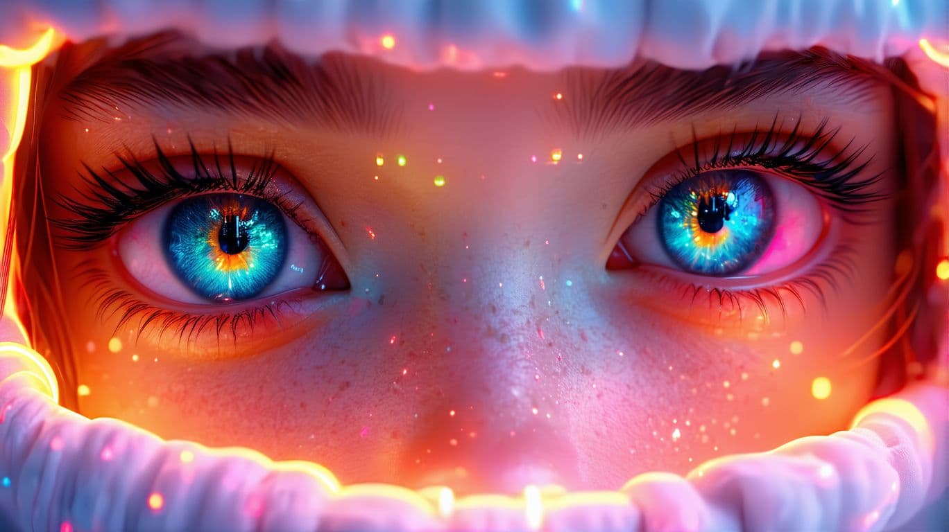 AI generated: close up beautiful girl , big beautiful eyes. , reflections, neon colors, intricate artwork . octane...