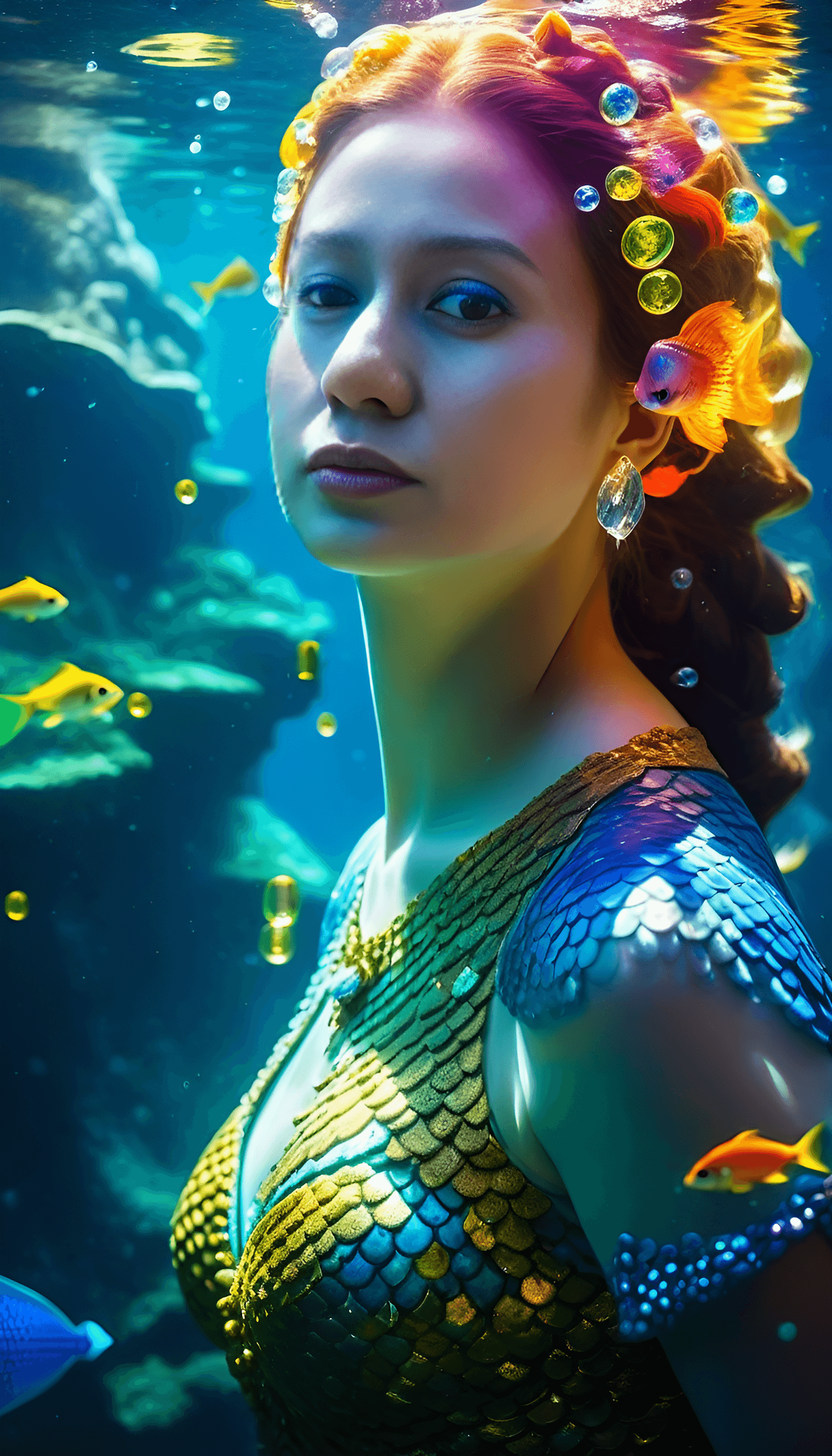 AI generated: epic wonderful colourful underwaterworld, mystique, ancient ruins, mermaids, air bubbles, dynamic li...