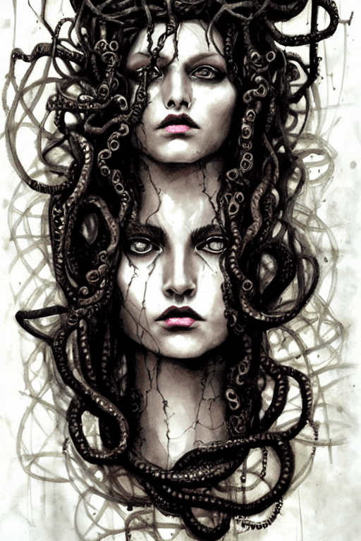 AI generated: medusa, symmetrical portrait,  modern European ink painting, realistic, full body, black rose, rich ...