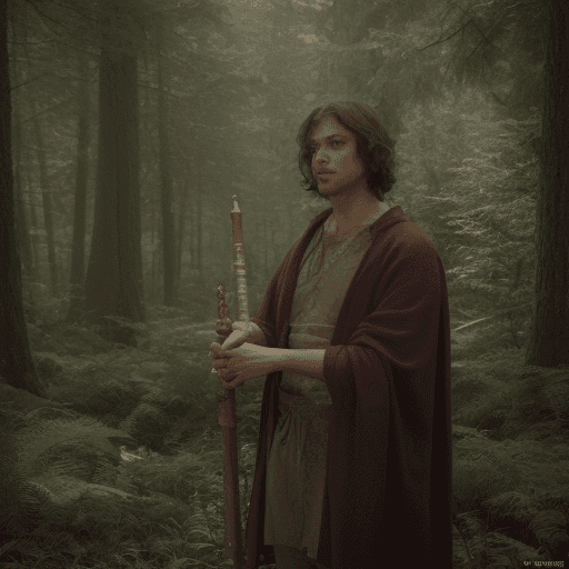AI generated: an average looking, DnD human, in a forest, plaing a wooden piccolo flute, cinematic light, 4k, phot...
