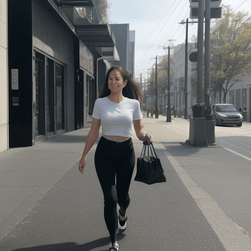 AI generated: The image features a  woman wearing a black shirt and black pants, walking down a street while carry...