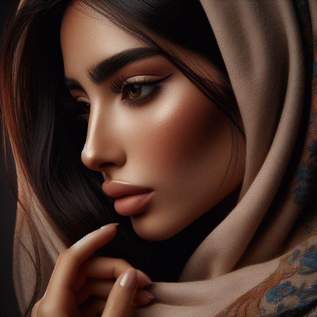 AI generated: Very realistic photograph, Cinematic, very detailed skin, Arabian woman, side view looking away from...