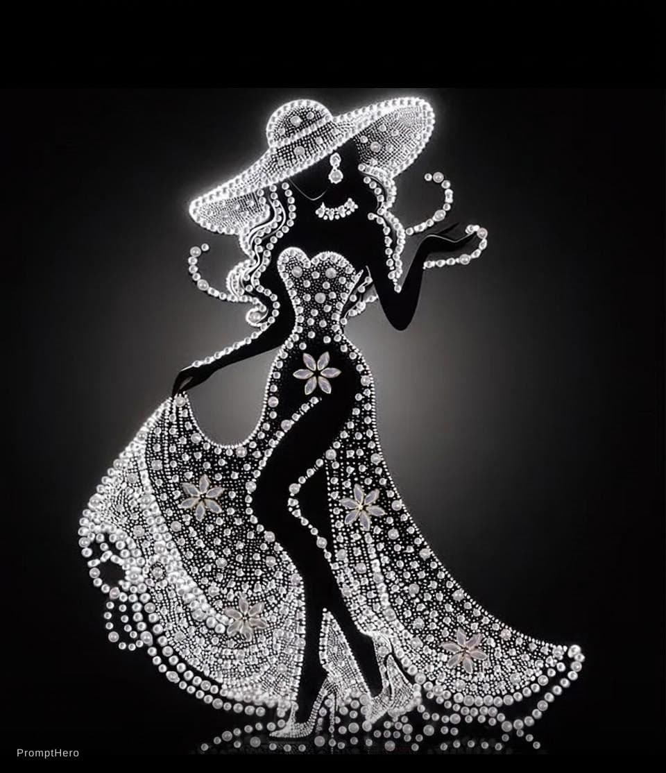 AI generated: Luxury pearl lady silhouette, flowing pearl dress, crystal flower accents, glamorous wide hat, black...
