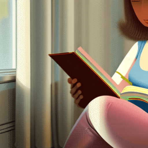 AI generated: A girl is sitting on the bed, reading a book, a stack of books next to the bed, high detail, 8k