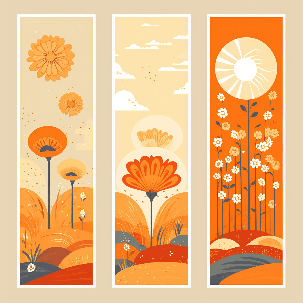 AI generated: set of orange floral banners with clouds, rain falling and sunshine, in the style of mid-century ill...
