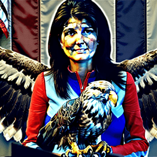 AI generated: nikki haley petting a large eagle with a red right wing, a blue left wing, vertical red and white st...