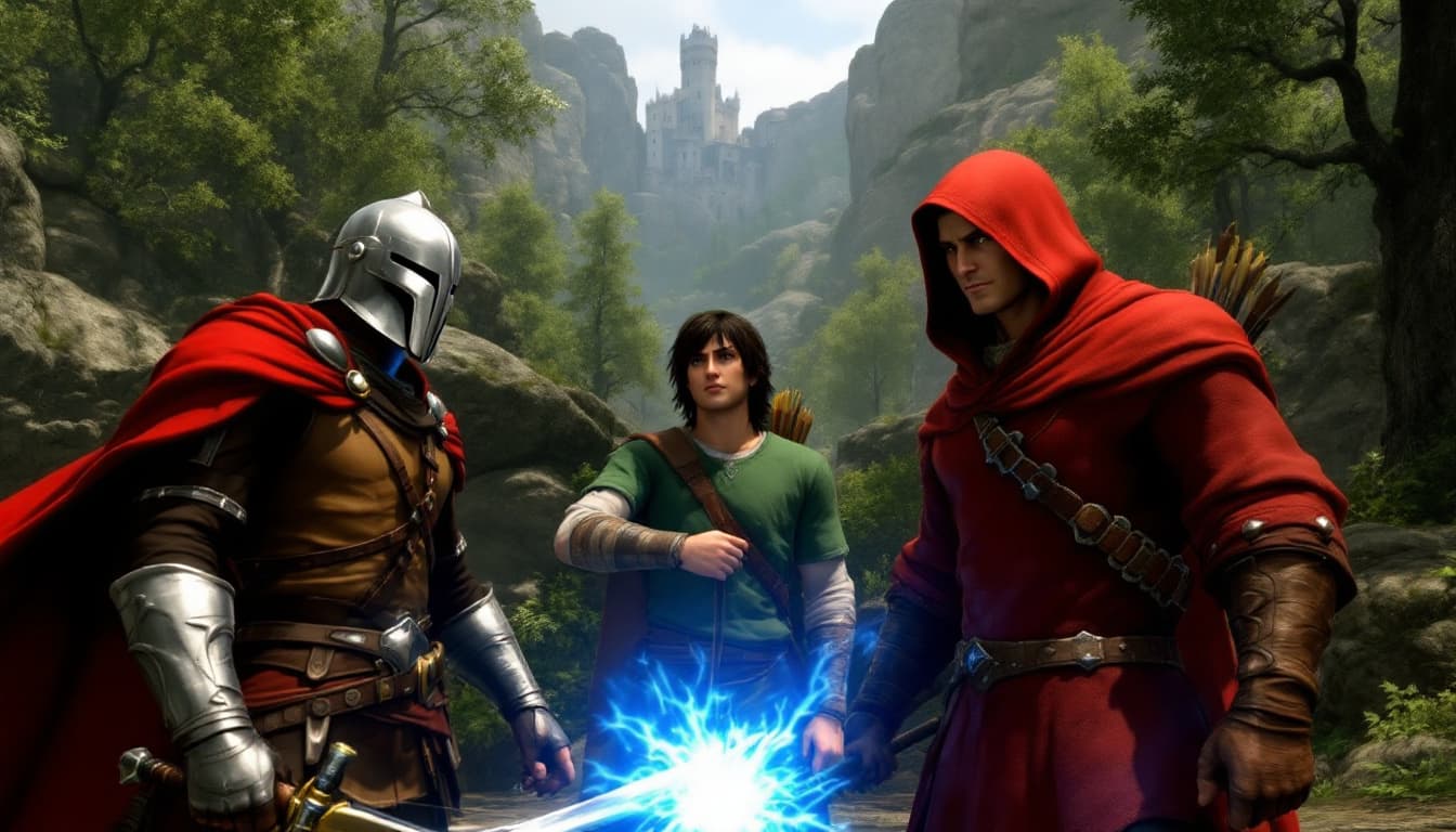 AI generated: three characters in a forest setting. The man on the left wears a silver helmet, brown tunic, and re...