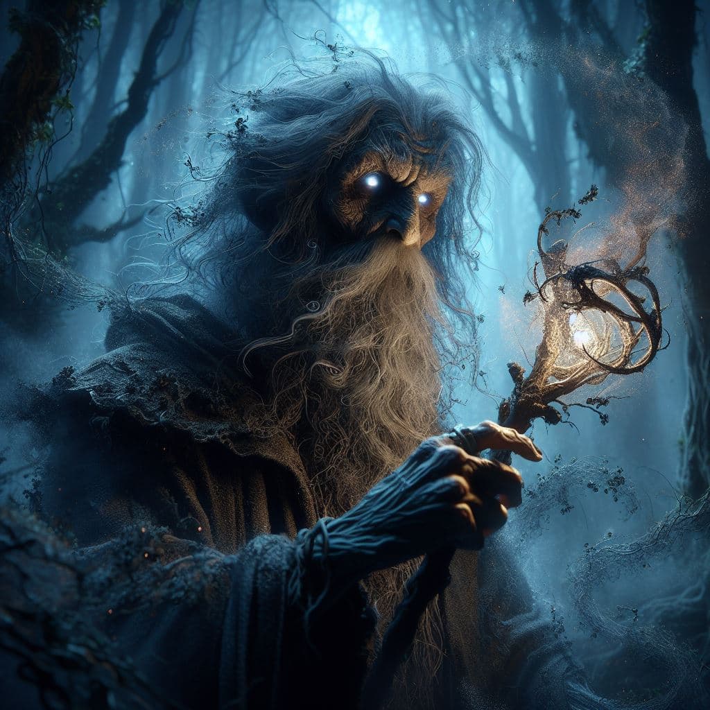 AI generated: In a dark, mist-shrouded forest, Malakai, a cunning, shape-shifting sorcerer, weaves intricate spell...